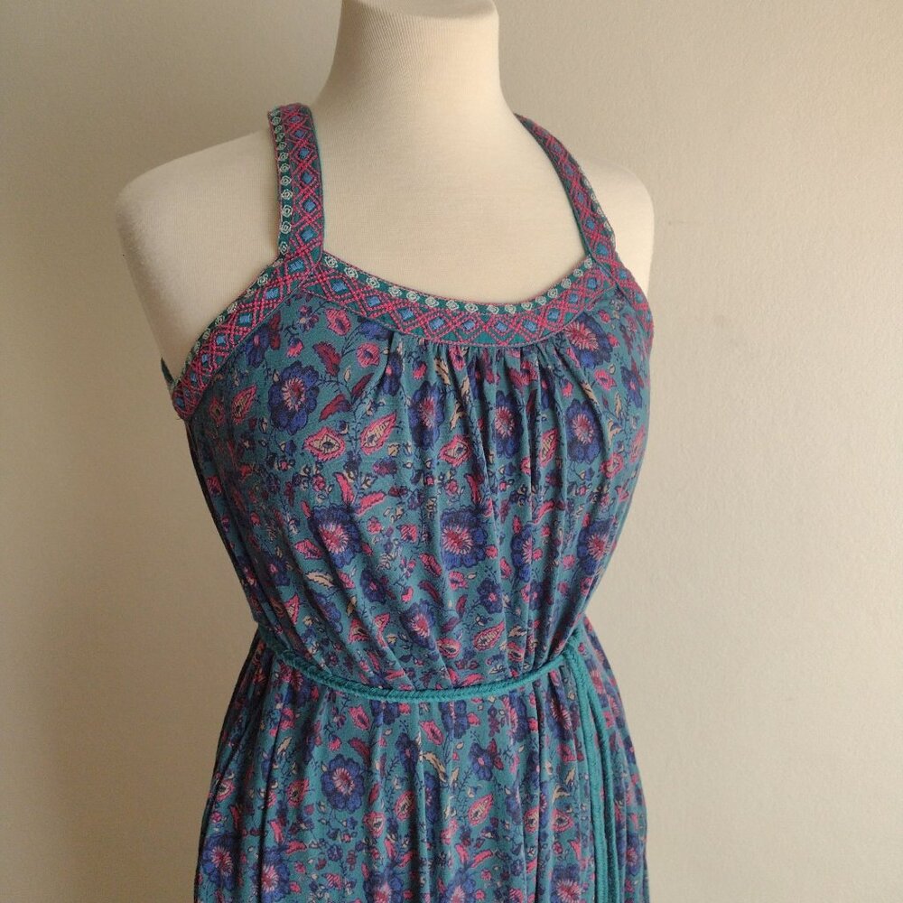 Lucky Brand Teal Floral Dress S Relaxed Knit Boho Jewel Tone Embroidered Maxi - Picture 3 of 12
